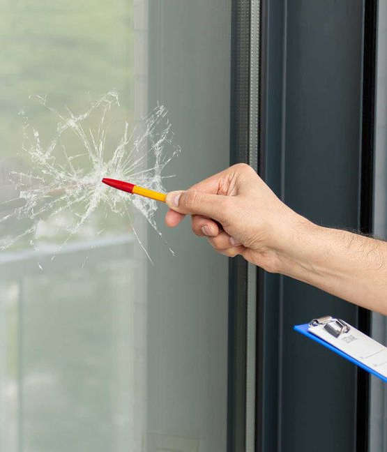 Nahaufnahme der Hand eines Mannes, der überprüft, ob Glas in einem Haus wegen eines Fensterunfalls repariert werden soll